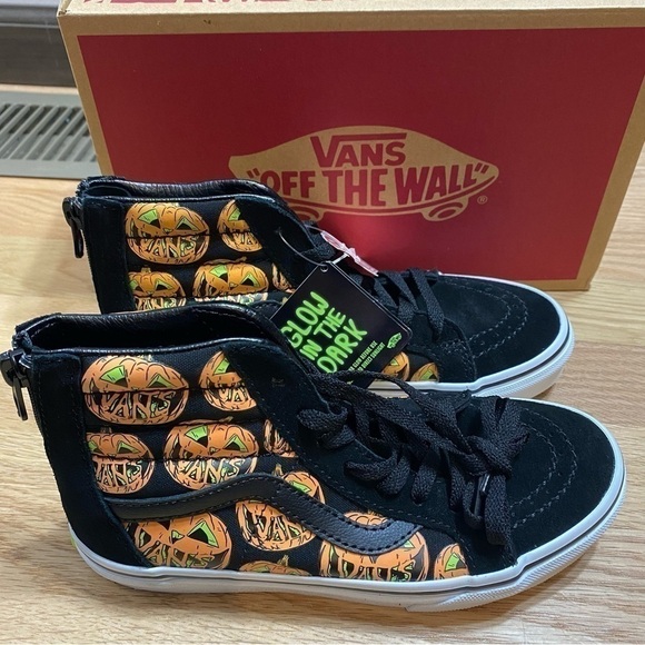 Vans Glow in the Dark Pumpkin Sneakers NEW Sk8 Hi Zip Kids Sz 1 Youth - Picture 7 of 10